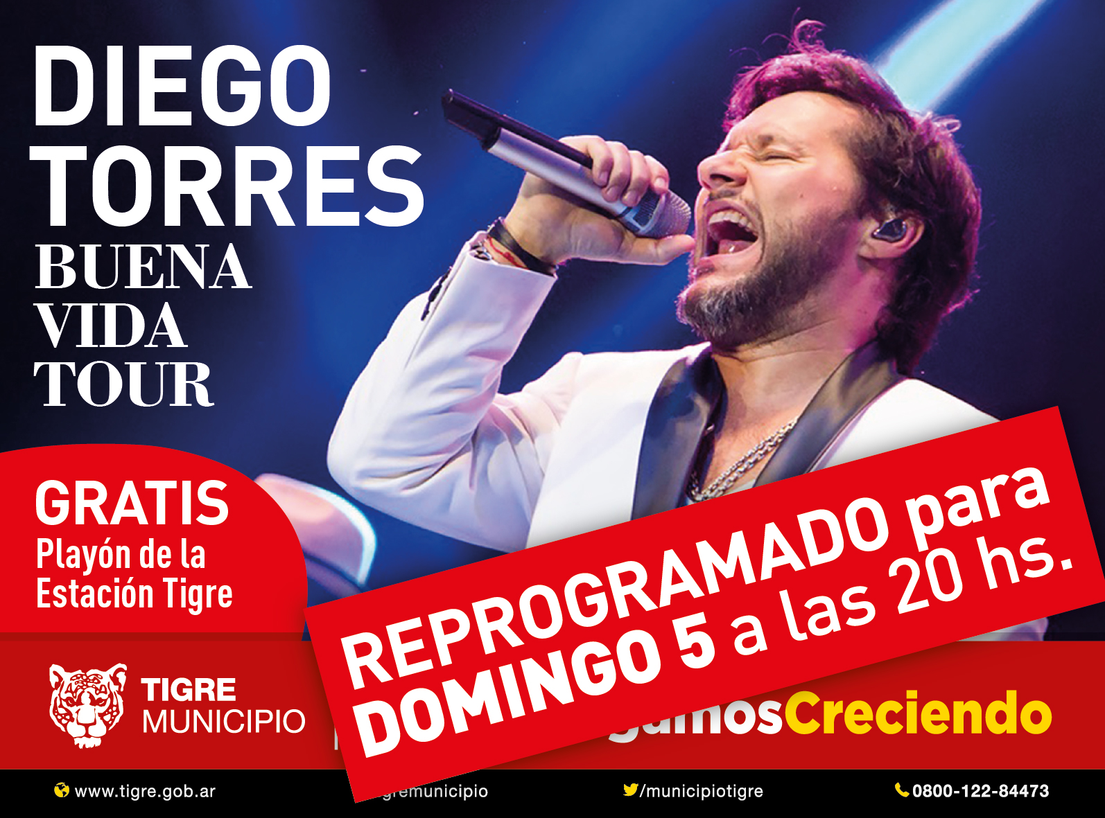  El recital de Diego Torres en Tigre se reprogramó para el domingo
